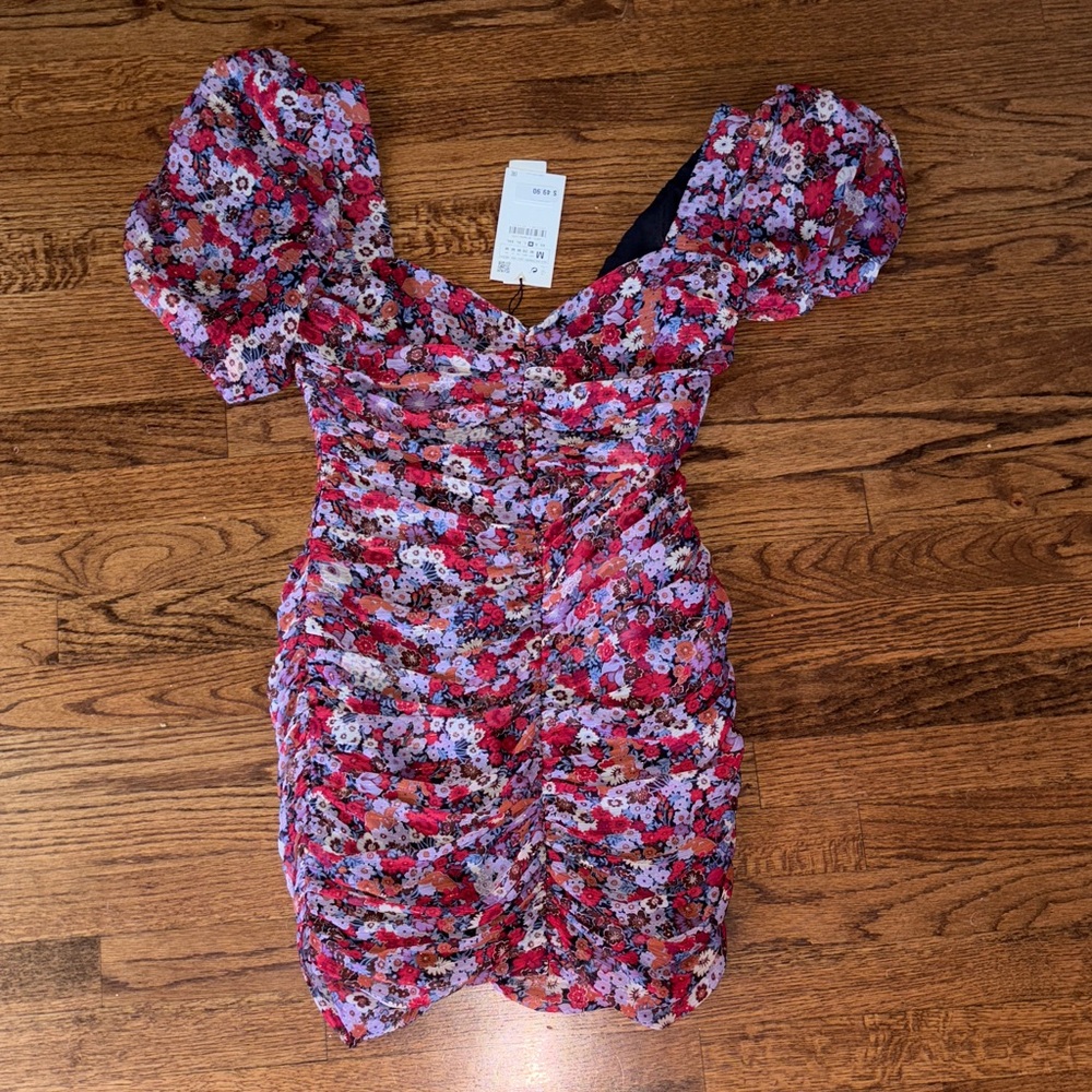 Zara Black Lined Floral Top with Red & Purple Accents